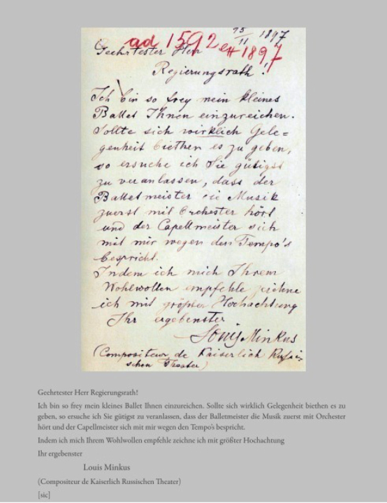 Originalschreiben von Minkus aus dem Jahr 1897, Quelle: Internationale Minkus Gesellschaft (2014) Minkus2 web