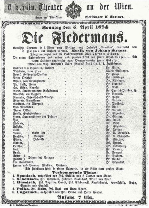 Theaterzettel der Uraufführung von „Die Fledermaus“, 1874, in: Historisches Museum der Stadt Wien (Hg.), „Johann Strauß. Unter Donner und Blitz“, Wien 1999. BildI 9