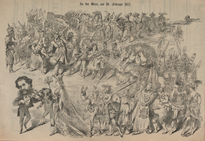 Uraufführung „Indigo und die vierzig Räuber“, 1871, Zeichnung: Karel Klič, in: „Der Floh“, 12. Februar 1871. Wien Museum, Inv. Nr. 6209. Wien Museum, Inventarnummer W 6209